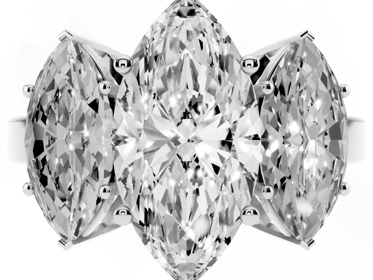Three-Stone Marquise Cut Cut Diamond Engagement Ring with Flat Band and Four-Prong Setting Silver