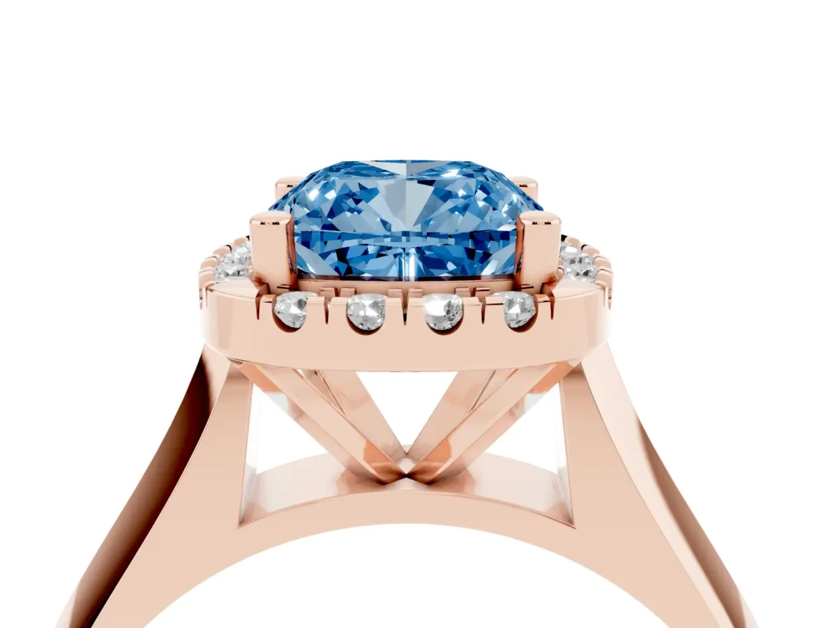 Fancy Blue Cushion Cut Cut Halo Solitaire Engagement Ring with Square Band and Four-Prong Setting Rose gold