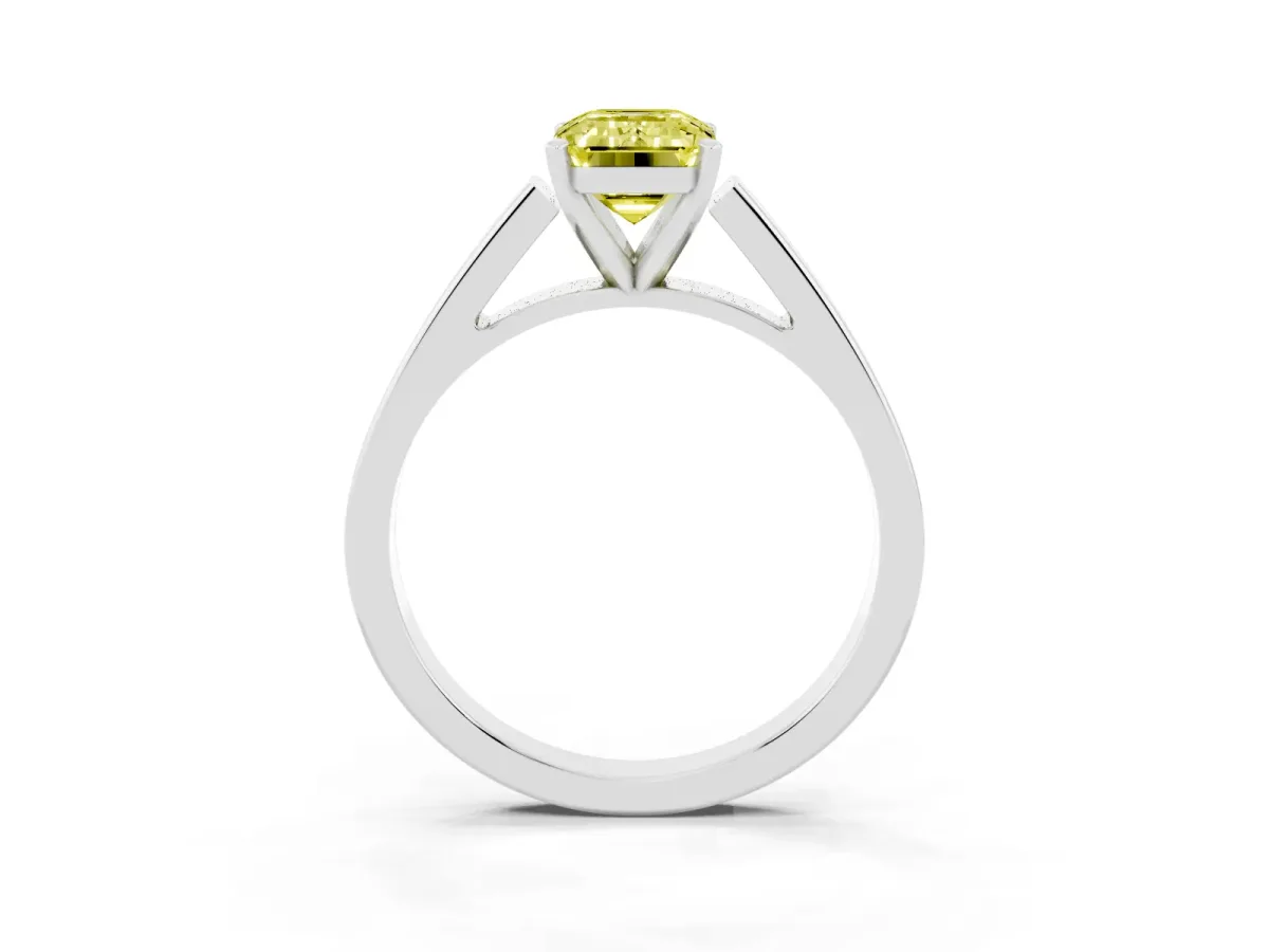 Fancy Yellow Emerald Cut Solitaire Engagement Ring with Four-Prong Setting and Tapered Band Silver