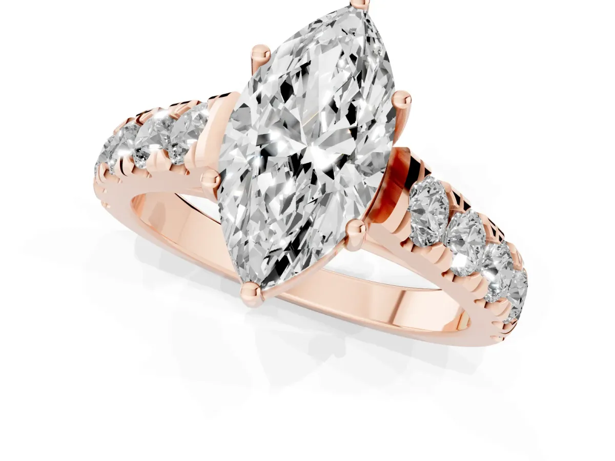 Marquise Cut Cut Diamond Solitaire Ring with Micro Pave Band and Prong Setting Rose gold