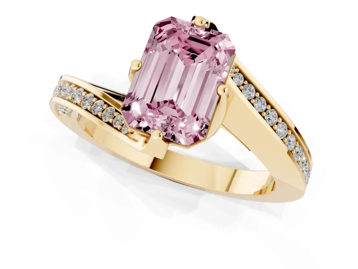 Fancy Pink Emerald Cut Solitaire Diamond Twist Band with Pavé Setting and Four-Prong Setting Yellow gold