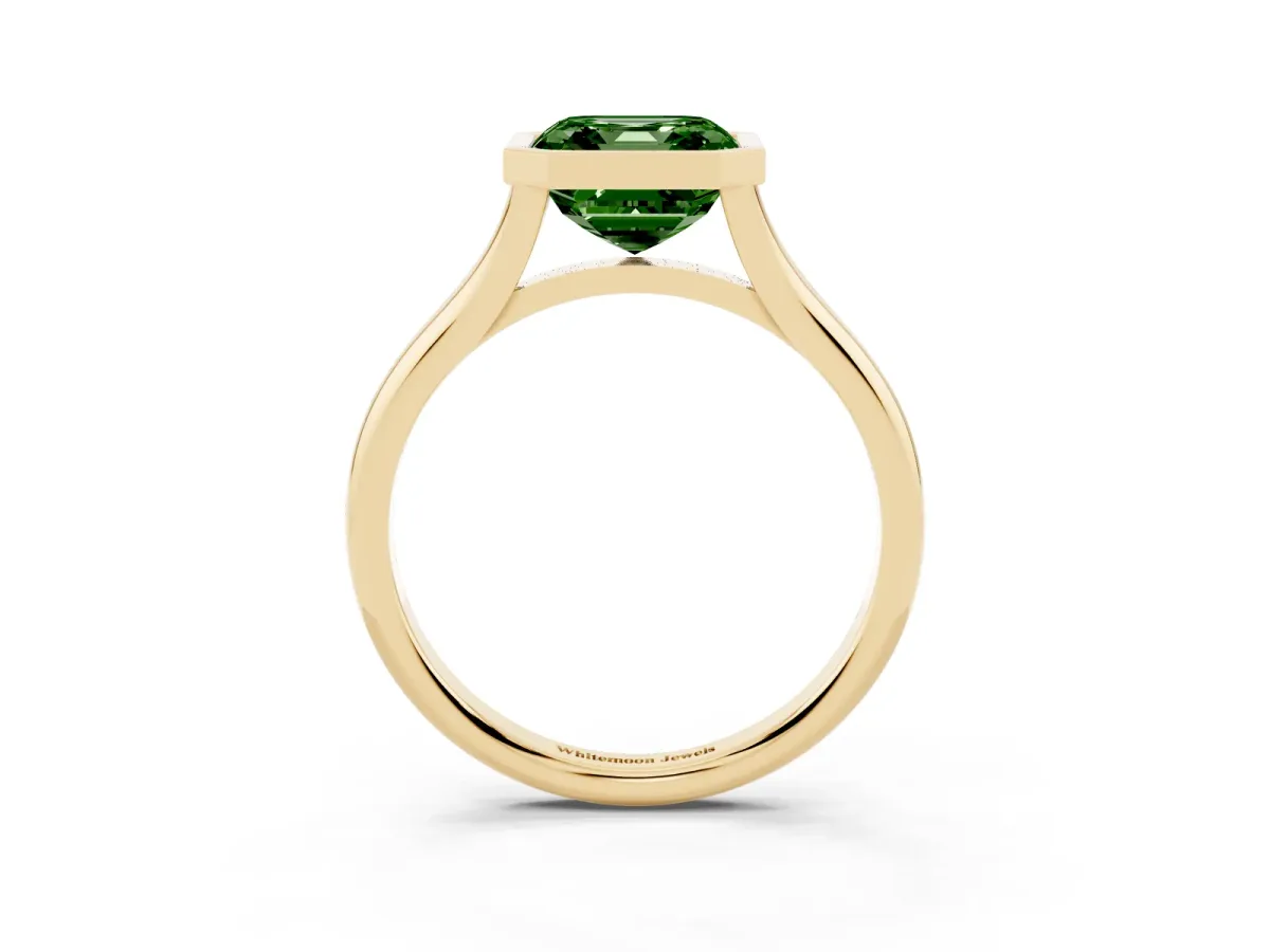 Fancy Green Bezel Set Asscher Cut Cut Solitaire Ring with Tapered Band Yellow gold