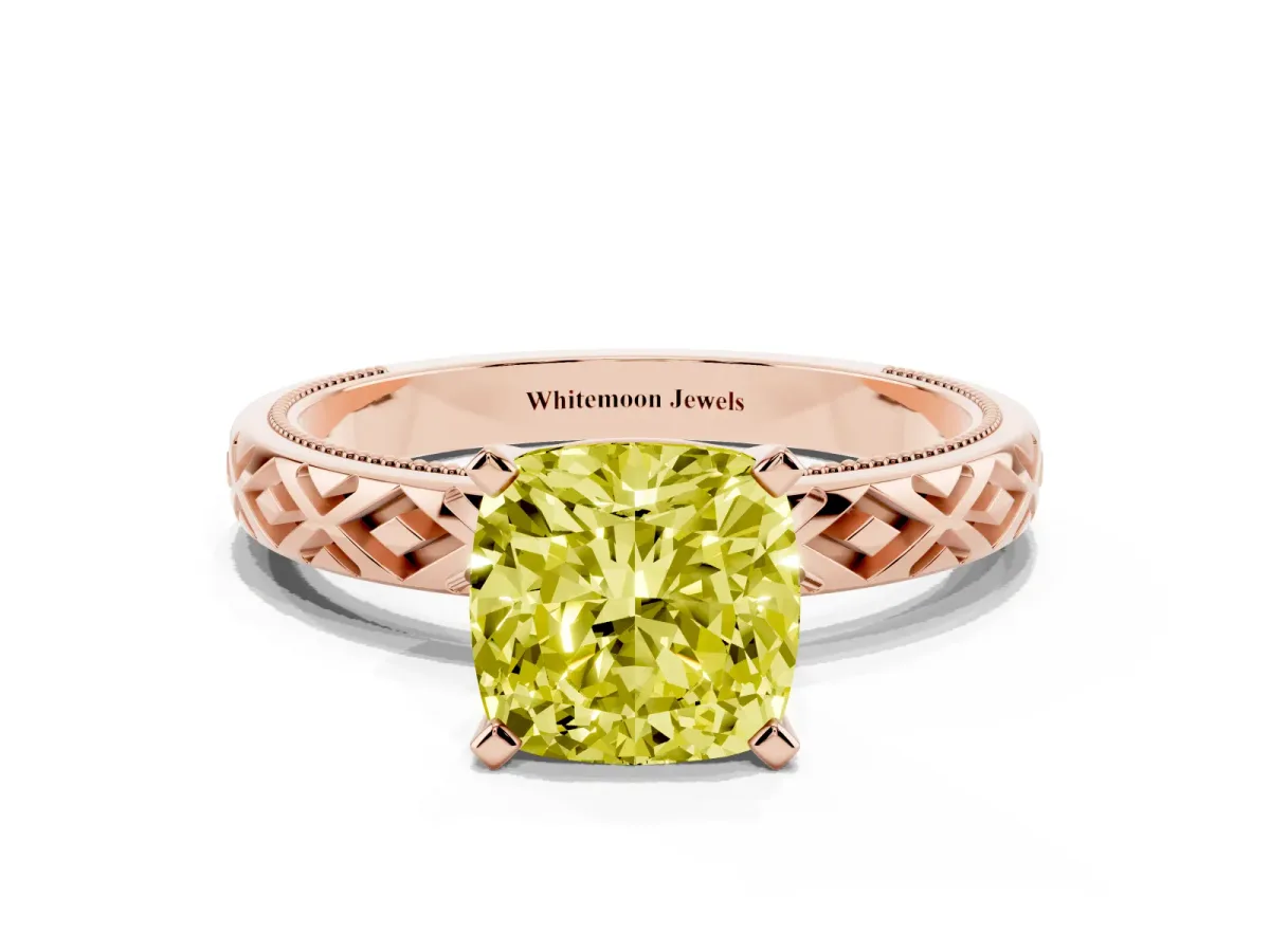 Fancy Yellow Cushion Cut Solitaire Diamond Ring with Milgrain and Black Enamel X Pattern Band Rose gold