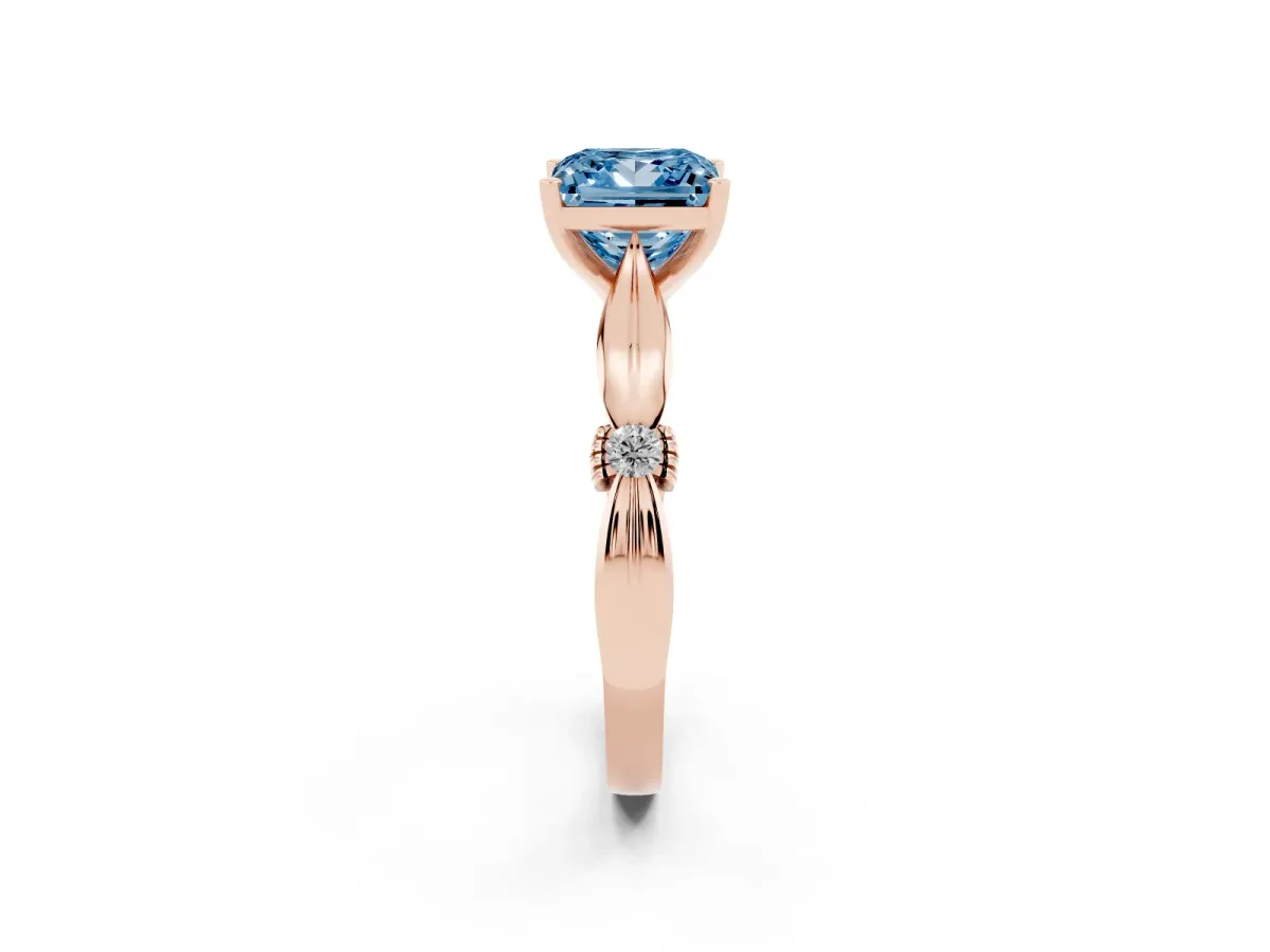 Fancy Blue Princess Cut Solitaire Diamond Twisted Band with Four-Prong Setting Rose gold