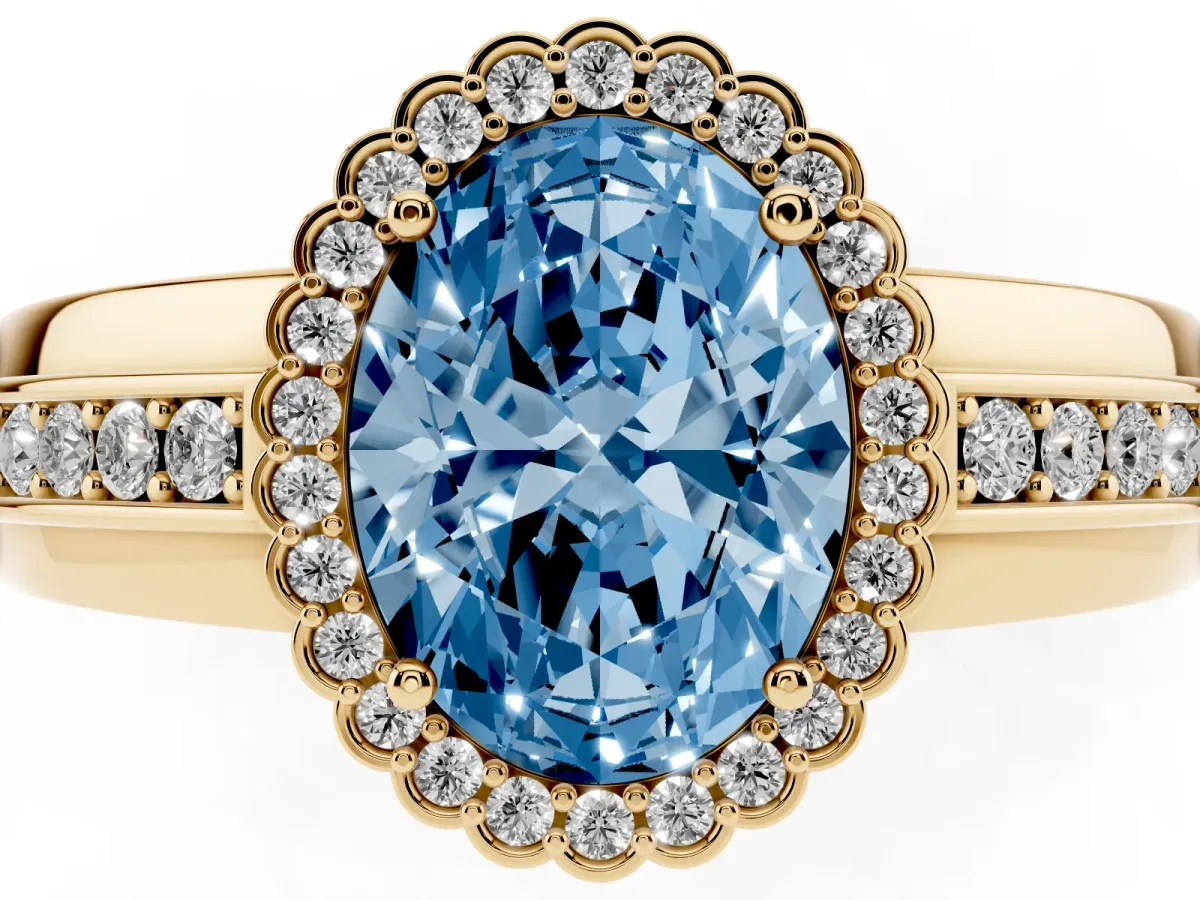 Fancy Blue Oval Cut Cut Halo Pave Band Four-Prong Ring Yellow gold