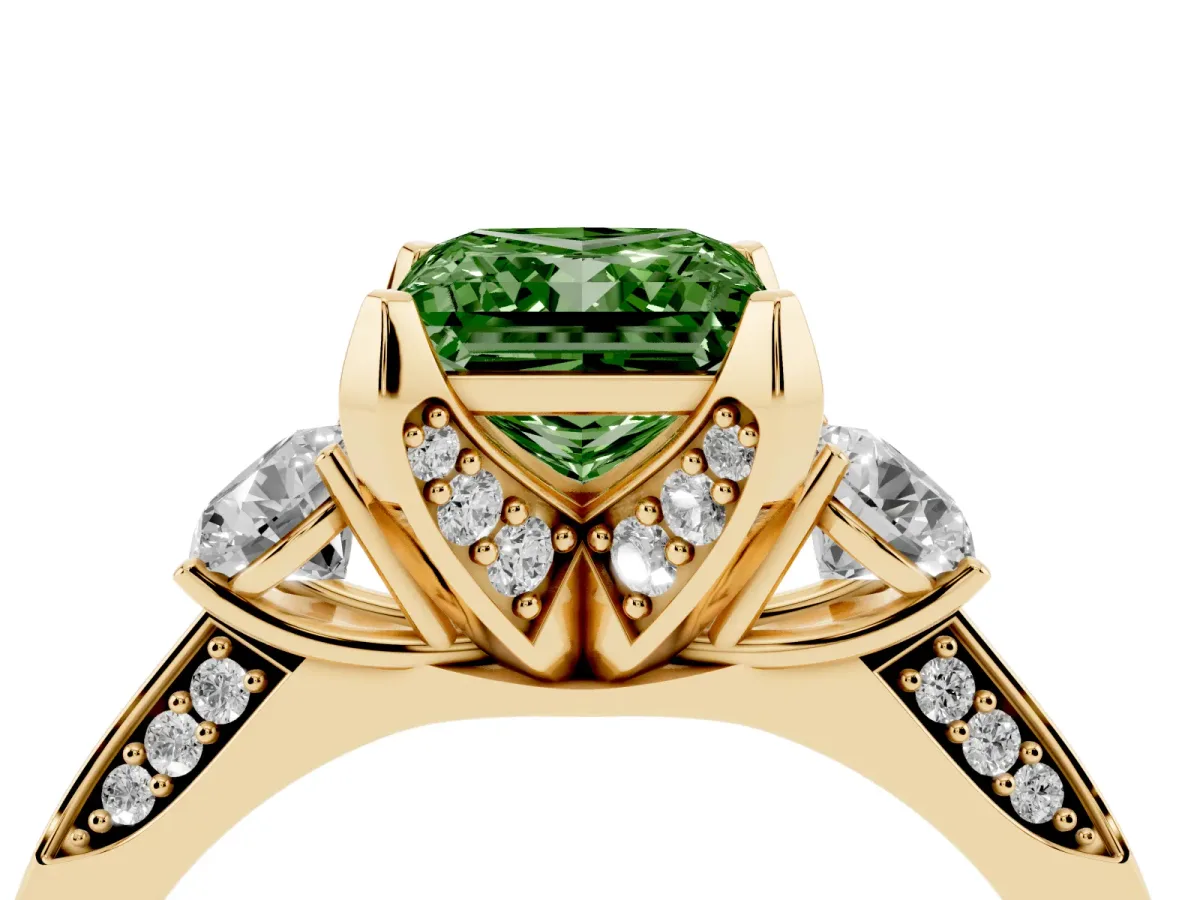 Fancy Green Princess Cut Brilliant Three-Stone Diamond Ring with Pavé Band and Four-Prong Setting Yellow gold