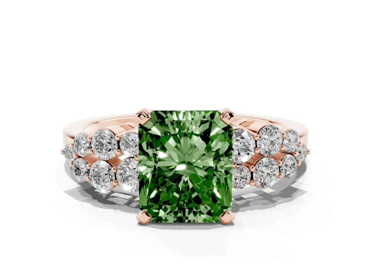 Fancy Green Radiant Cut Cluster Diamond Engagement Ring with Pavé Band and Four-Prong Setting Rose gold