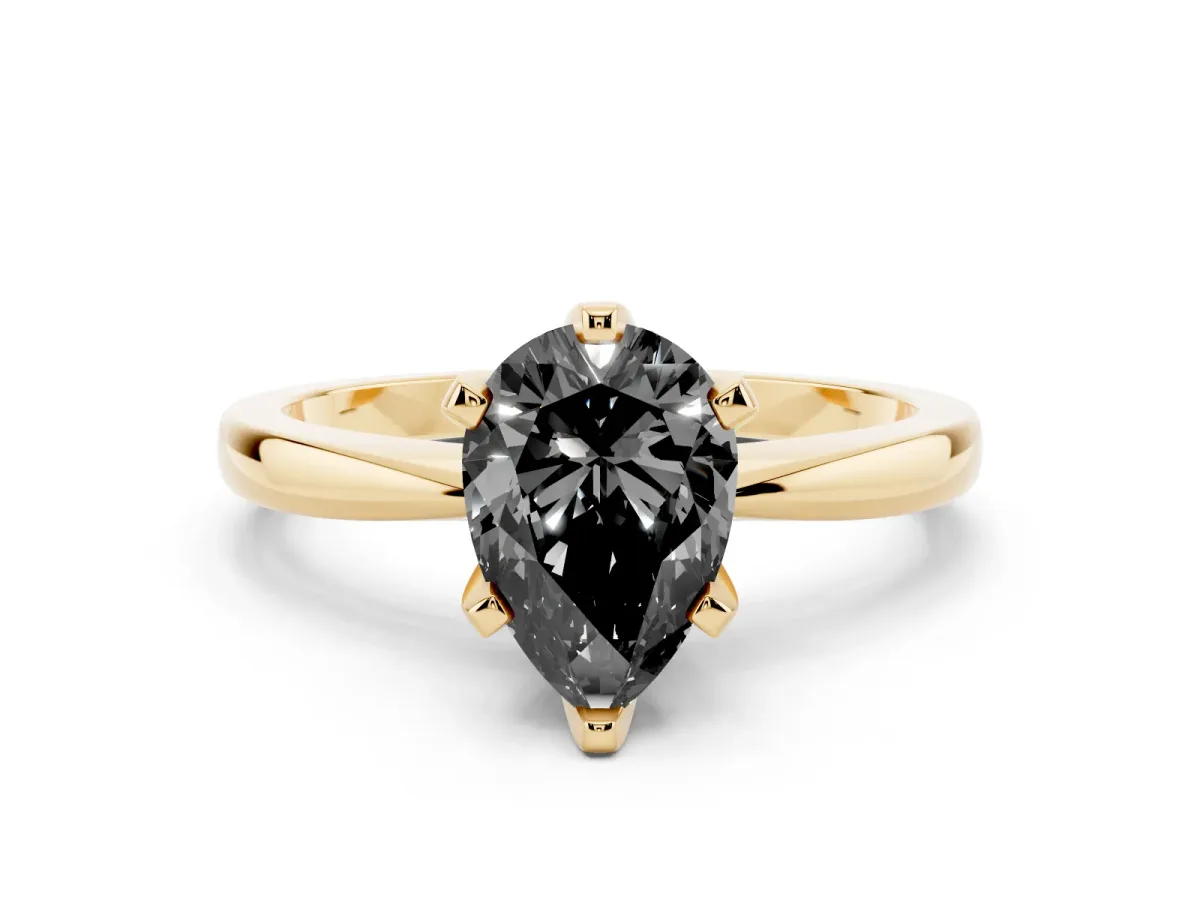 Fancy Black Pear Cut Solitaire Engagement Ring with Six-Prong Setting and Tapered Band Yellow gold