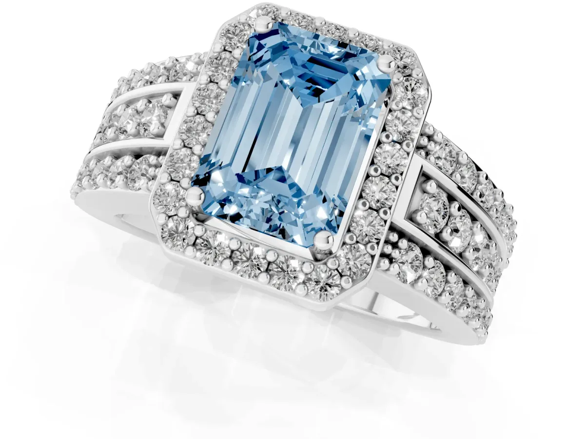 Fancy Blue Emerald Cut Halo Diamond Ring with Round Split Shank and Prong Setting Platinum