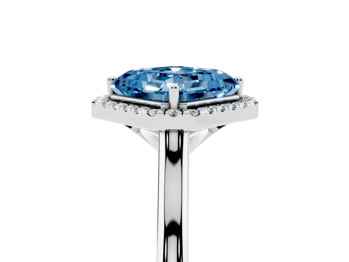 Fancy Blue Asscher Cut Halo Round Diamond Solitaire Engagement Ring with Pave Band and Four-Prong Setting White gold