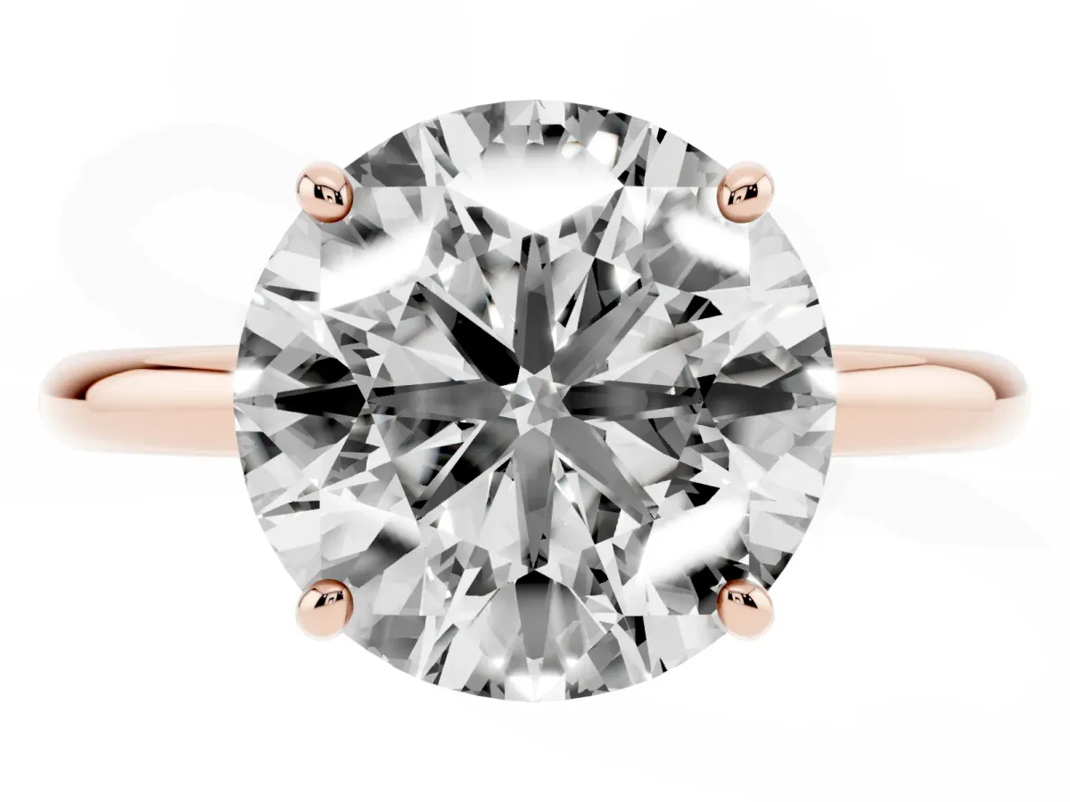 Round Cut Solitaire Diamond Ring with Four-Prong Setting on a Plain Band Rose gold