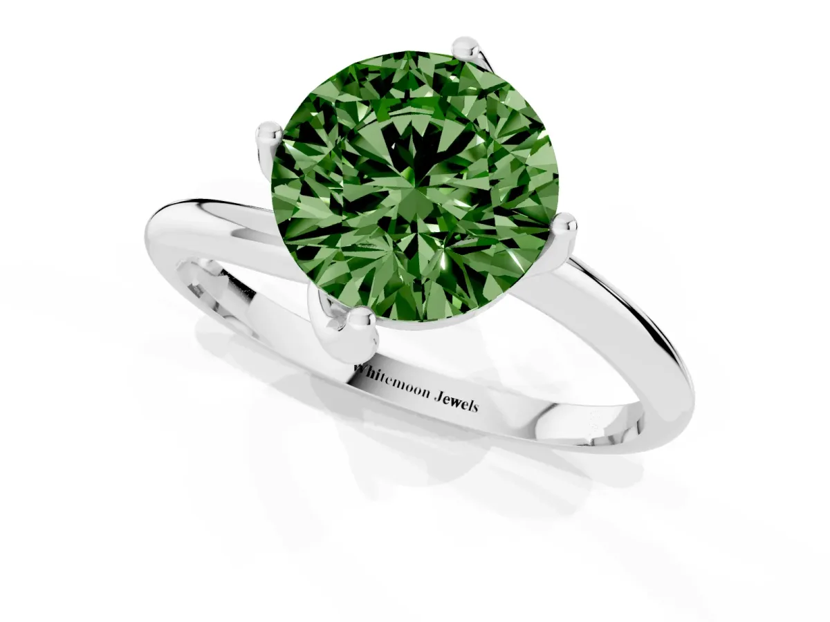 Fancy Green Round Cut Diamond Solitaire Engagement Ring with Four-Prong Setting and Classic Band White gold