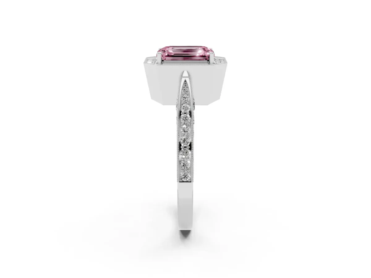 Fancy Pink Emerald Cut Halo Diamond Engagement Ring with Split Shank Band and Four-Prong Setting Platinum