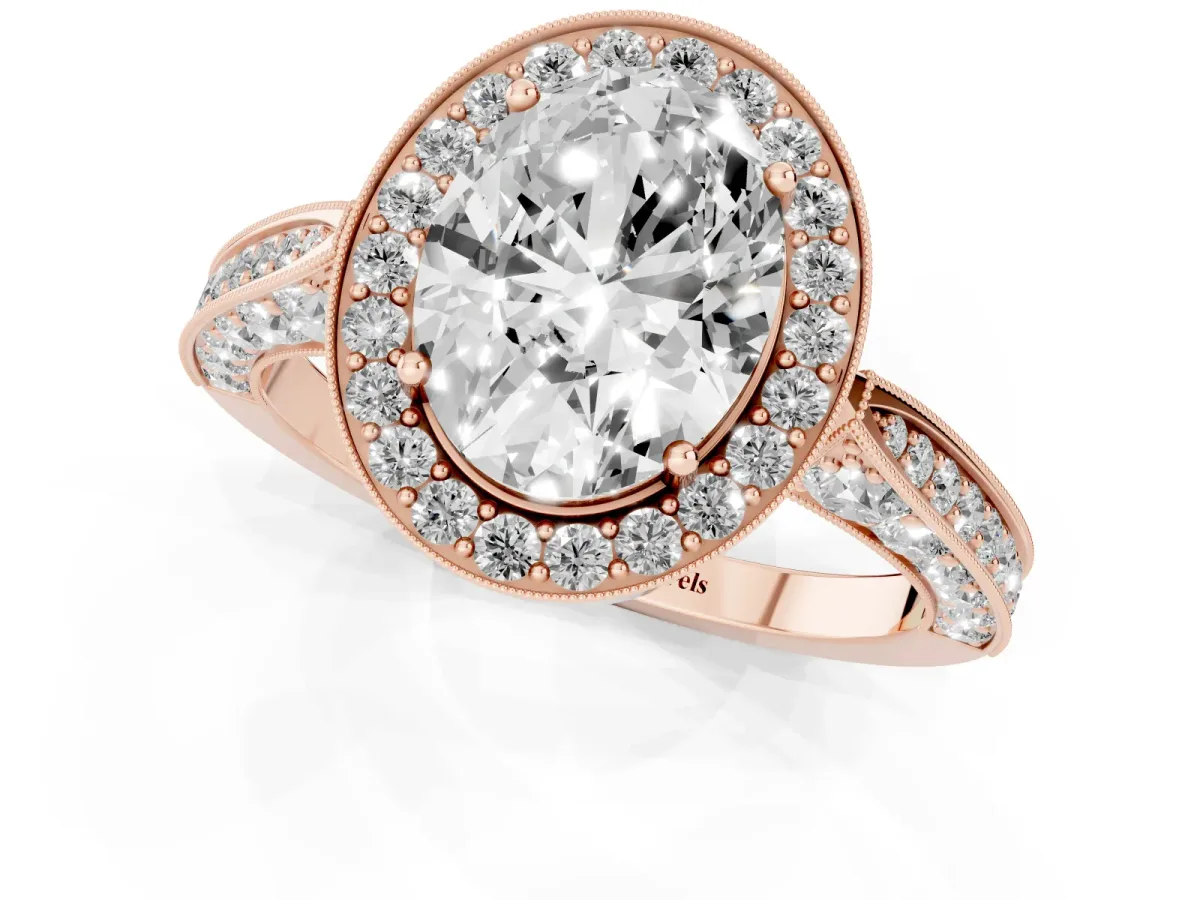 Oval Cut Halo Diamond Engagement Ring with Split Shank Band and Four-Prong Setting Rose gold
