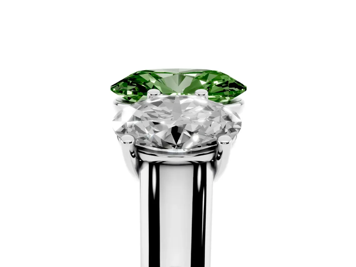 Fancy Green Oval Cut Three-Stone Diamond Ring with Prong Setting on a Classic Band Platinum