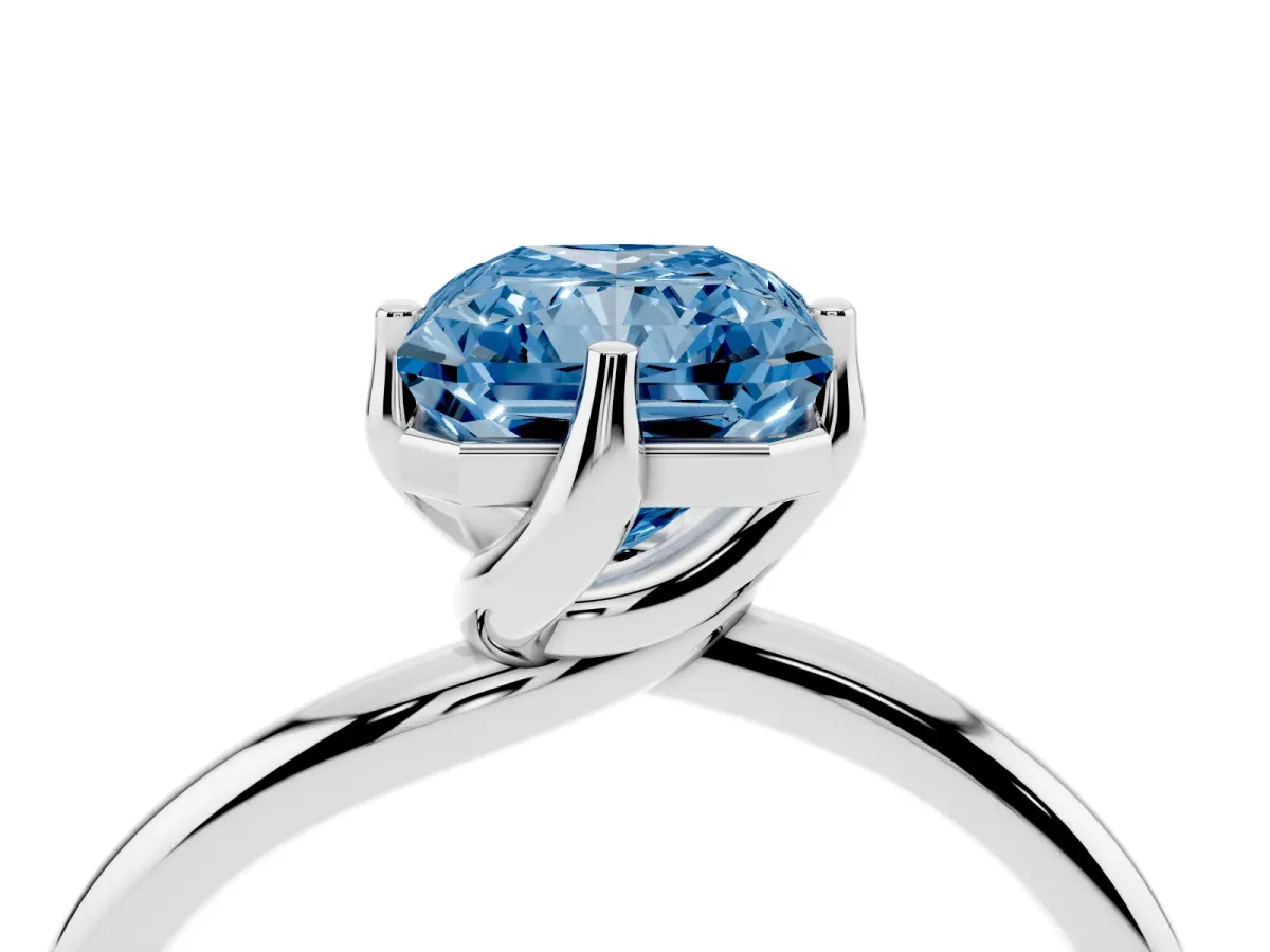 Fancy Blue Radiant Cut Diamond Solitaire Engagement Ring with Four-Prong Setting and Classic Band Silver