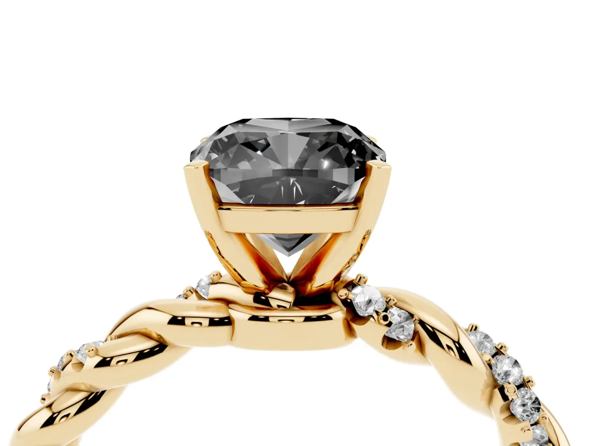 Fancy Black Cushion Cut Diamond Solitaire Ring with Twisted Band and Pavé Accents Yellow gold