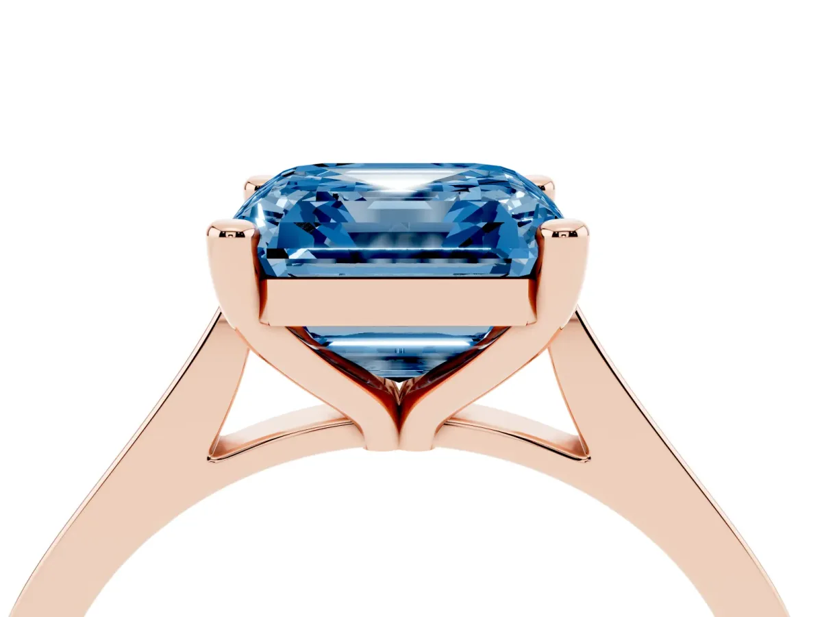 Fancy Blue Asscher Cut Solitaire Diamond Ring with Four-Prong Setting and Tapered Band Rose gold