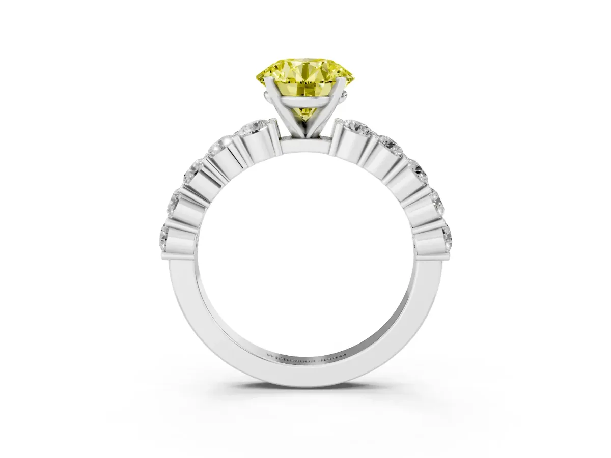 Fancy Yellow Round Cut Diamond Solitaire Ring with Shared Prong Round Side Stones Silver