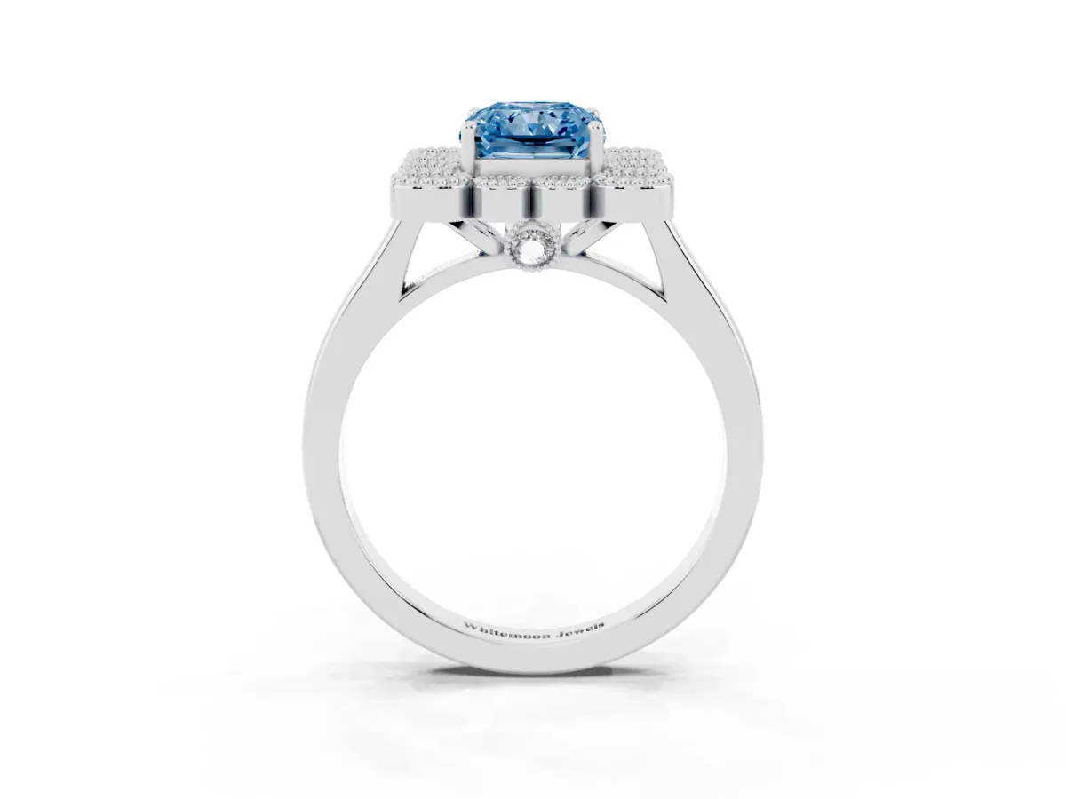 Fancy Blue Radiant Cut Halo Diamond Cluster Engagement Ring with Milgrain Bezel Setting and Solitaire Band Silver