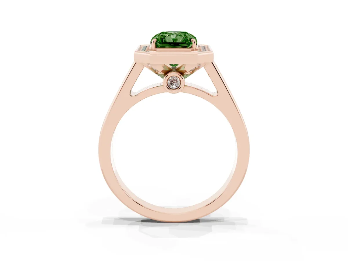 Fancy Green Radiant Cut Halo Solitaire Diamond Ring with Pave Band and Bezel Setting Rose gold