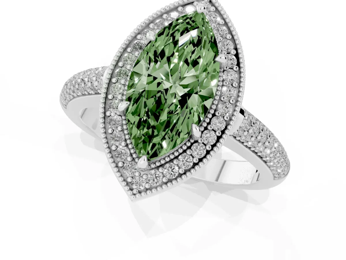 Fancy Green Marquise Cut Cut Halo Diamond Pave Band with Four-Prong Setting Silver