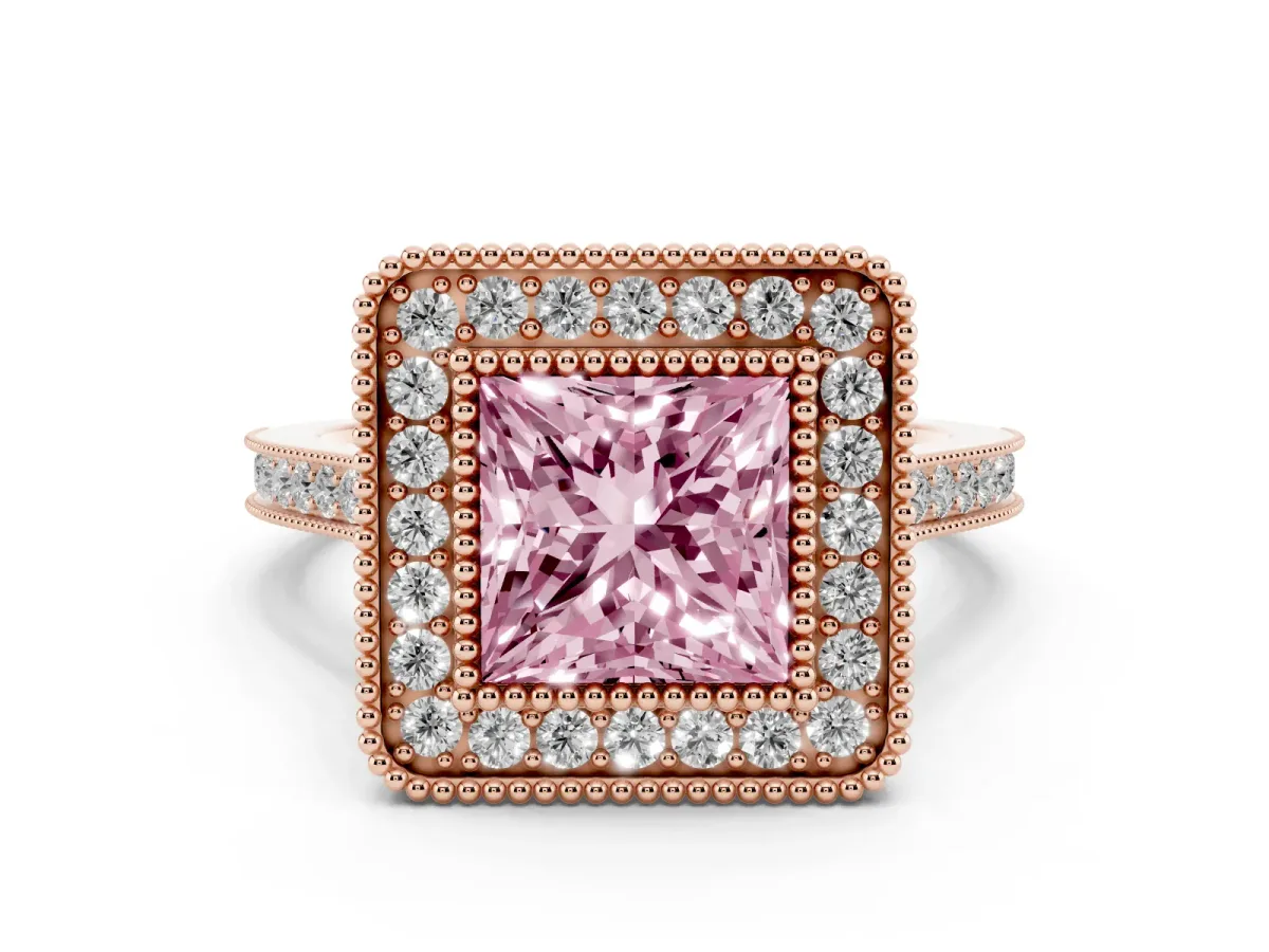 Fancy Pink Princess Cut Diamond Halo Ring with Milgrain Frame and Pavé Band Rose gold