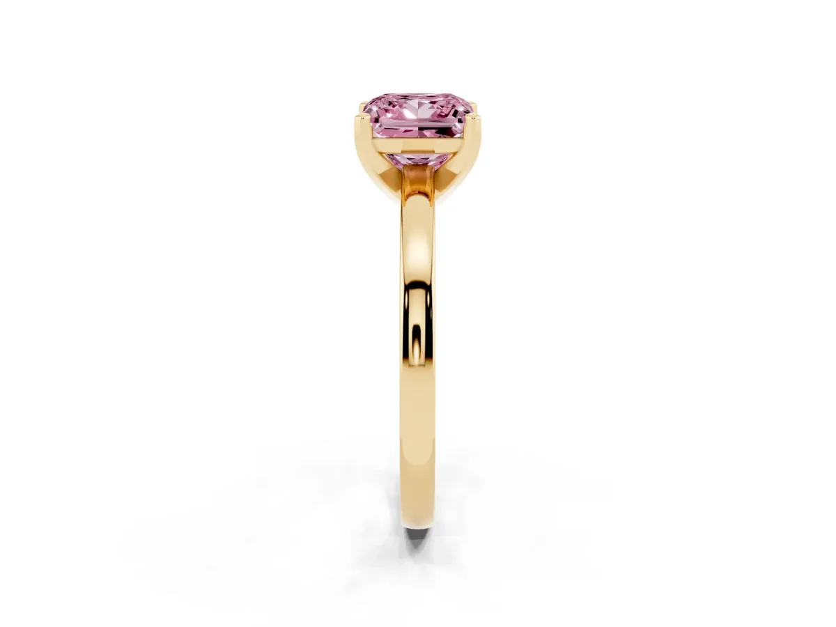 Fancy Pink Princess Cut Solitaire Diamond Engagement Ring with Four-Prong Setting on a Classic Band Yellow gold