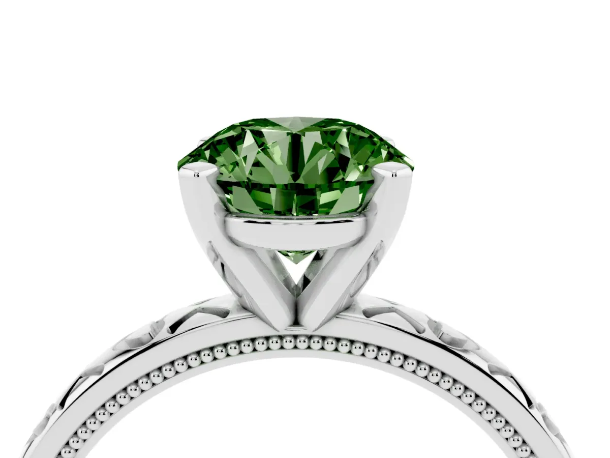 Fancy Green Round Cut Solitaire Diamond Engagement Ring with XO Engraved Band and Four-Prong Setting Platinum