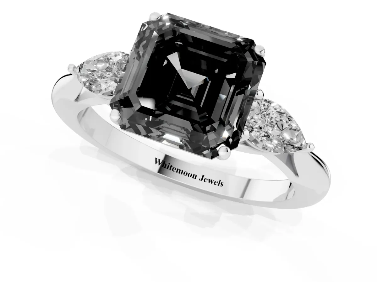 Fancy Black Three-Stone Asscher Cut Brilliant Diamond Solitaire Ring with Tapered Band and Four-Prong Setting White gold