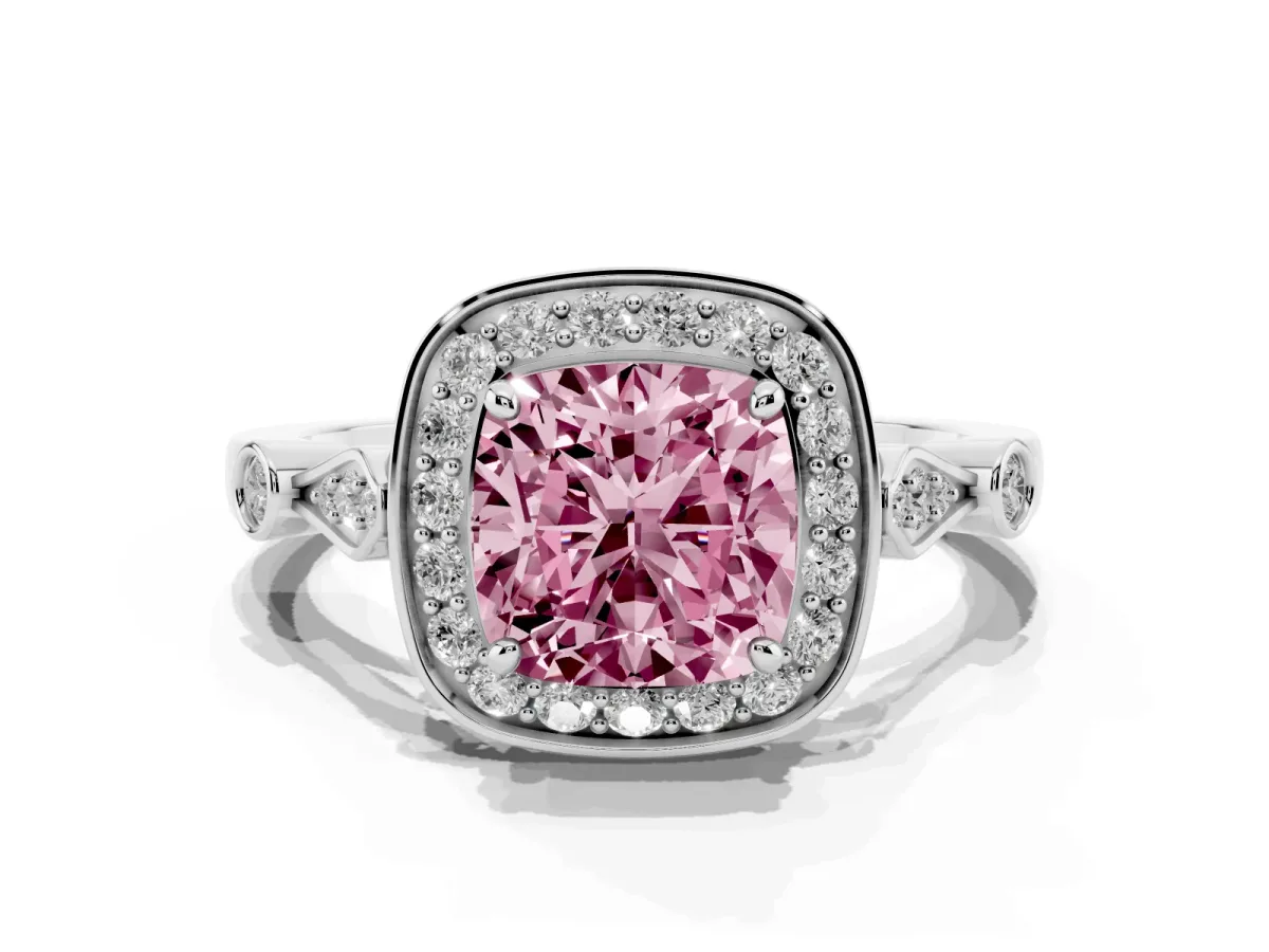 Fancy Pink Cushion Cut Halo Diamond Engagement Ring with Twisted Band and Four-Prong Setting Platinum