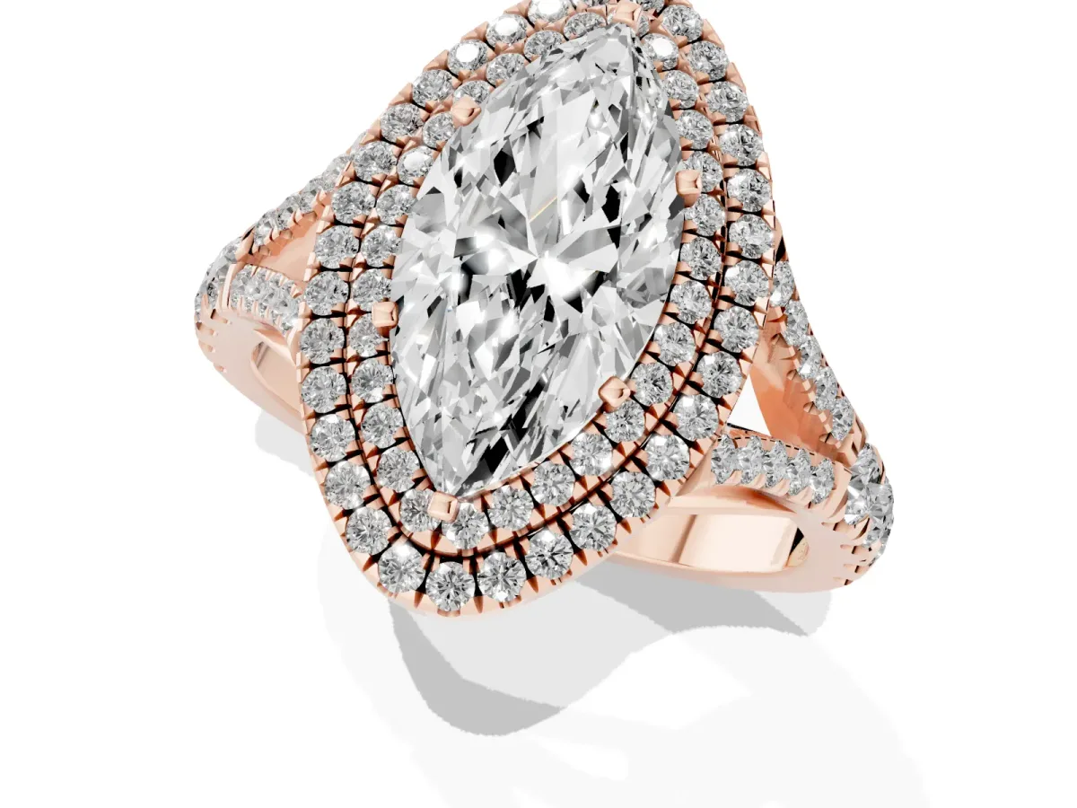 Marquise Cut Cut Double Halo Split Shank Diamond Ring with Prong Setting Rose gold