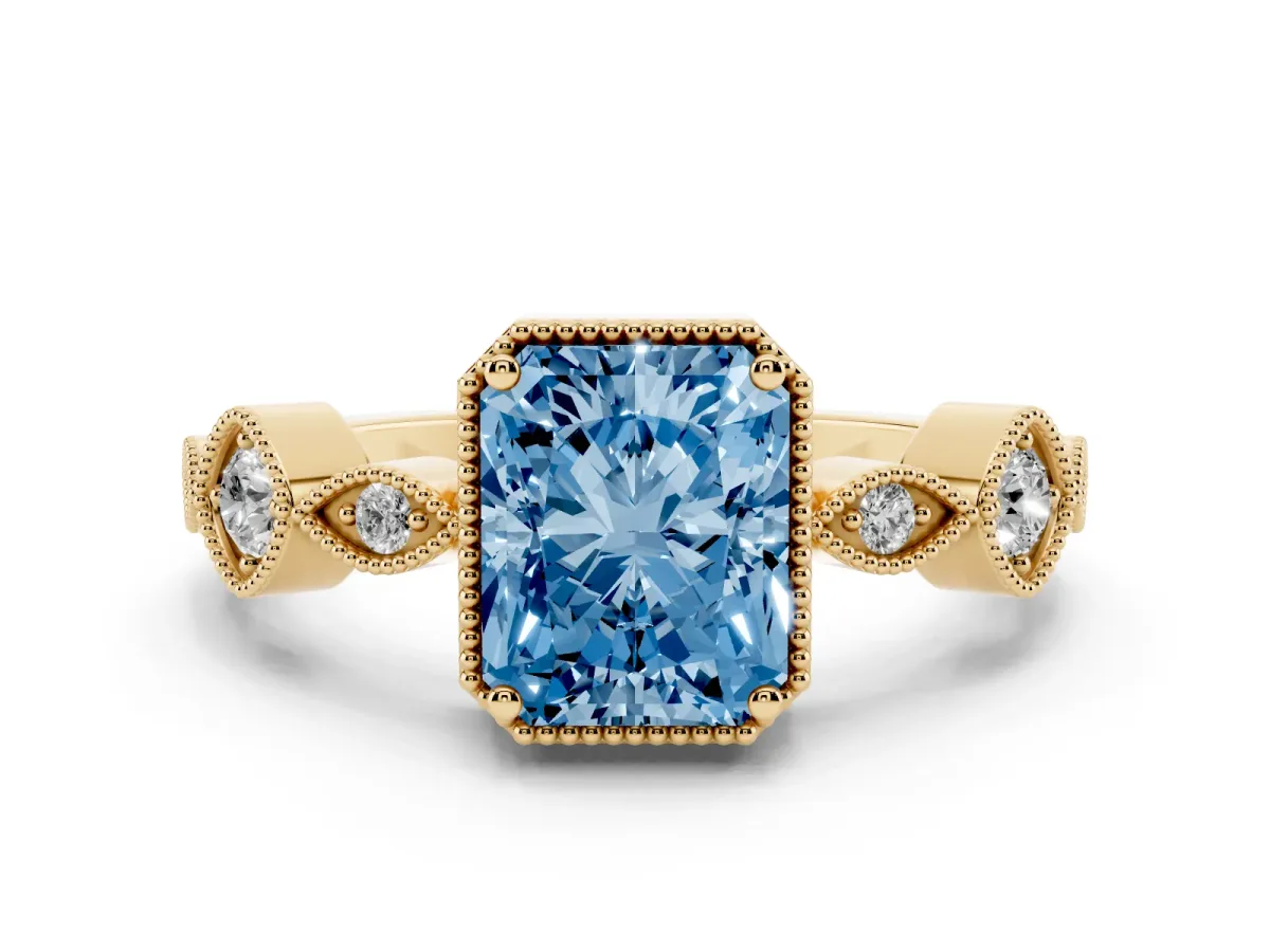 Fancy Blue Radiant Cut Diamond Vintage Milgrain Ring with Round Stations Yellow gold