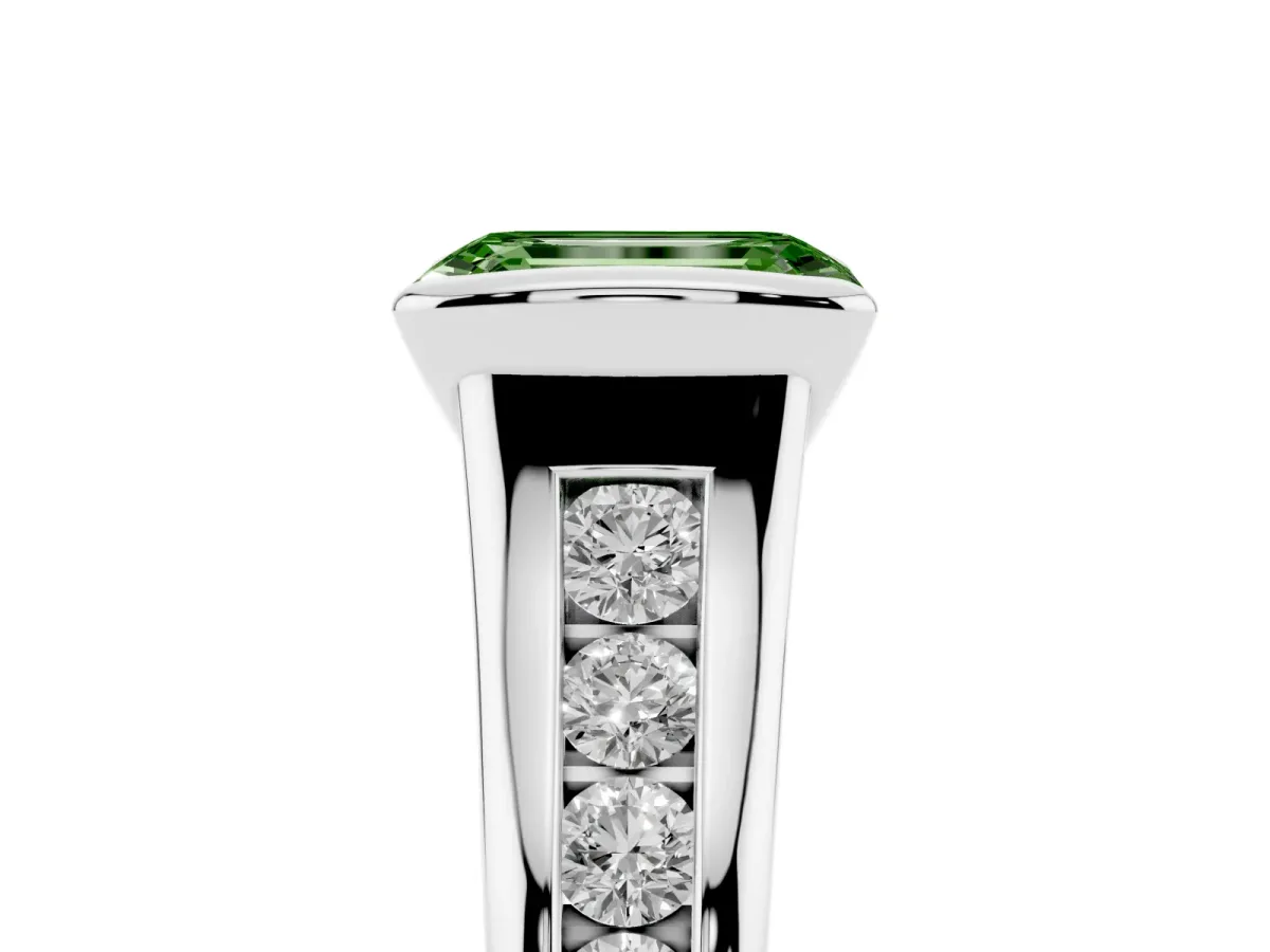 Fancy Green Emerald Cut Solitaire Bezel-Set Diamond Ring with Channel-Set Band Platinum