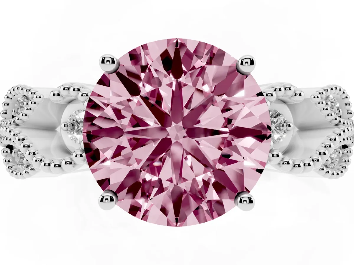 Fancy Pink Round Cut Solitaire Milgrain Leaf Band with Prong Setting Silver