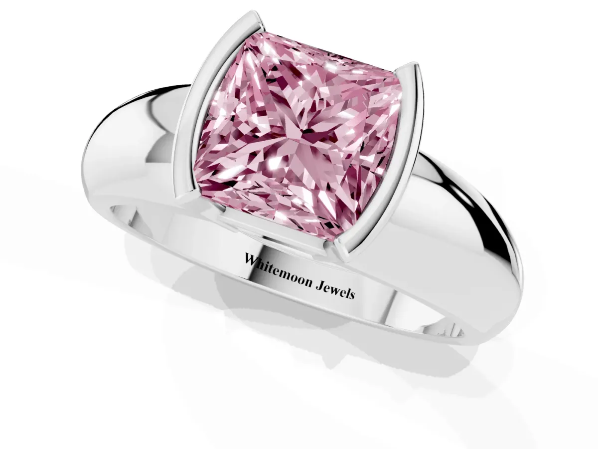 Fancy Pink Princess Cut Solitaire Tension Set Diamond Ring with Wide Band Silver