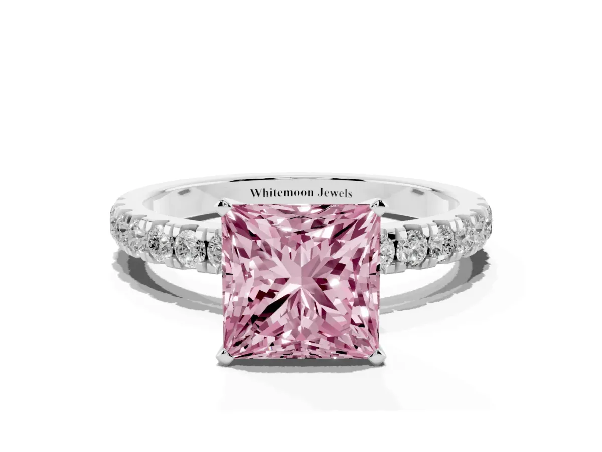 Fancy Pink Princess Cut Diamond Solitaire Ring with Pavé Accents and Four-Prong Setting Silver