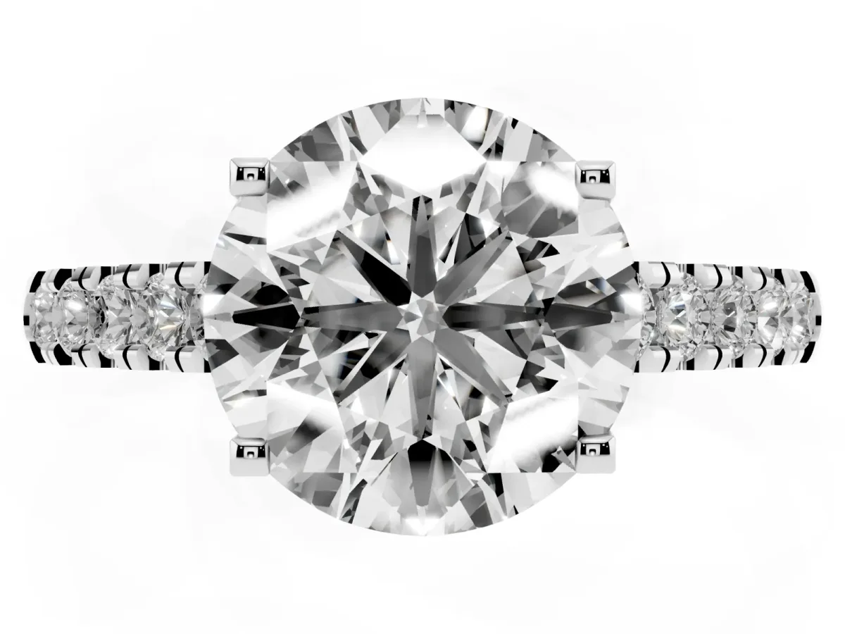 Round Cut Diamond Pavé Band Solitaire Ring with Prong Setting Silver