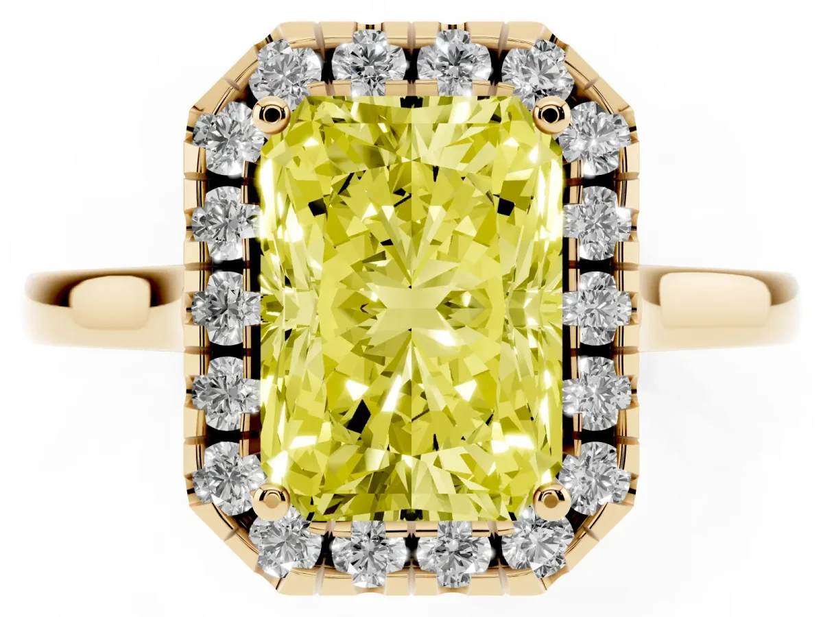 Fancy Yellow Radiant Cut Halo Round Diamond Solitaire Ring with Pavé Band and Four-Prong Setting Yellow gold