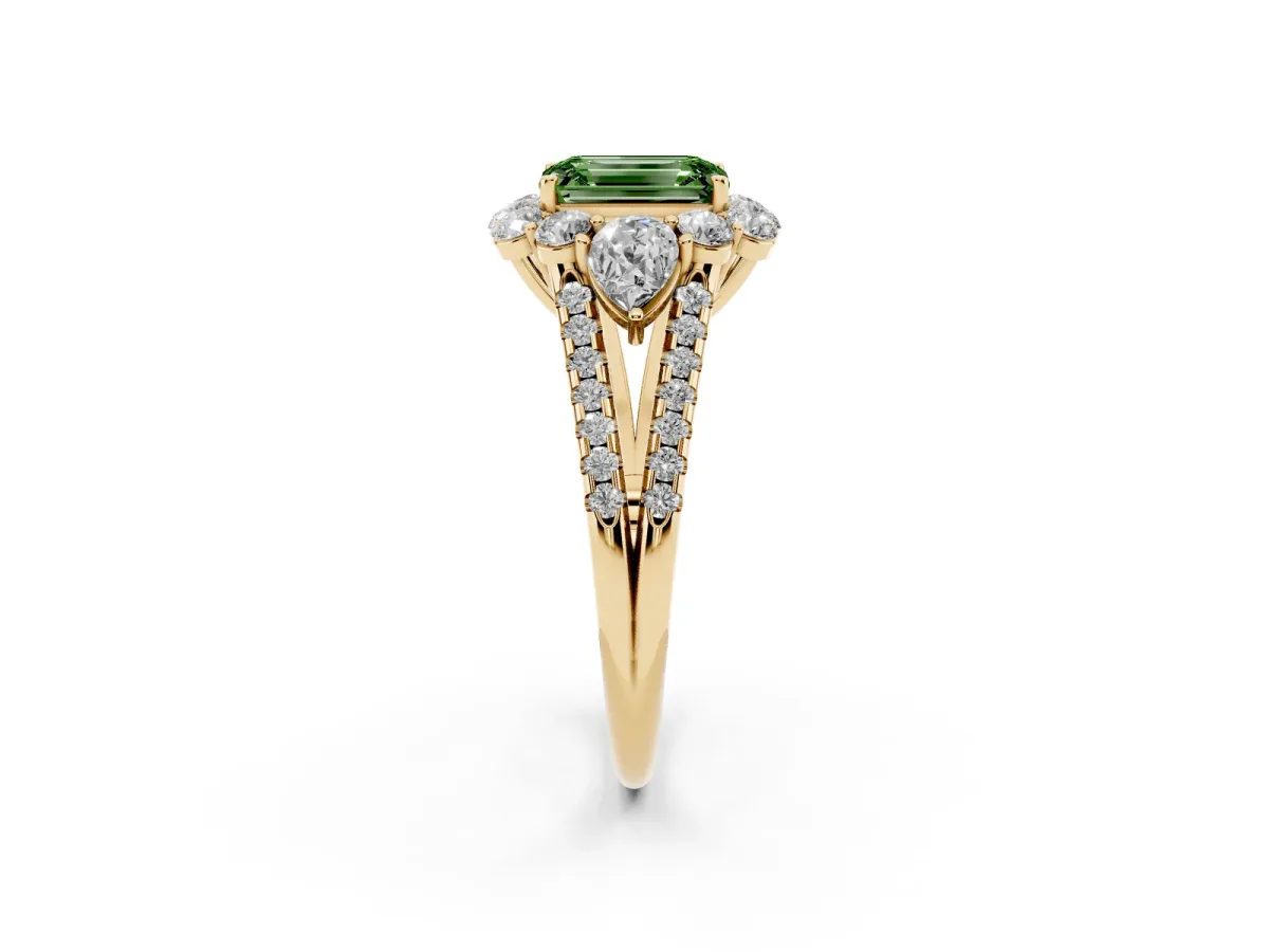 Fancy Green Emerald Cut Halo Split Shank Diamond Engagement Ring with Prong Setting Yellow gold