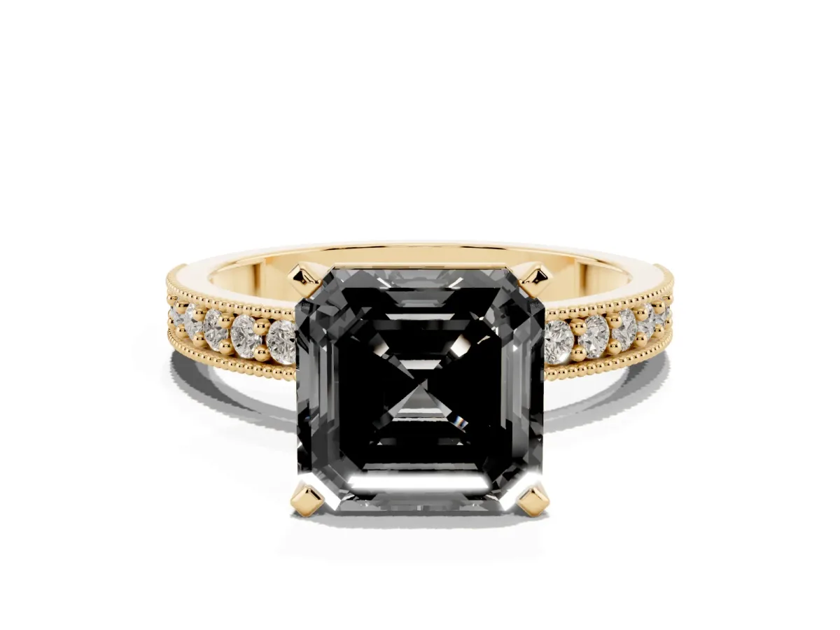 Fancy Black Asscher Cut Diamond Milgrain Pavé Engagement Ring with Four-Prong Setting Yellow gold