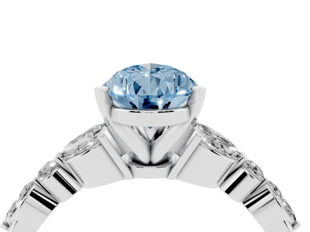 Fancy Blue Pear Cut Diamond Solitaire Ring with Side Stones and Four-Prong Setting Silver