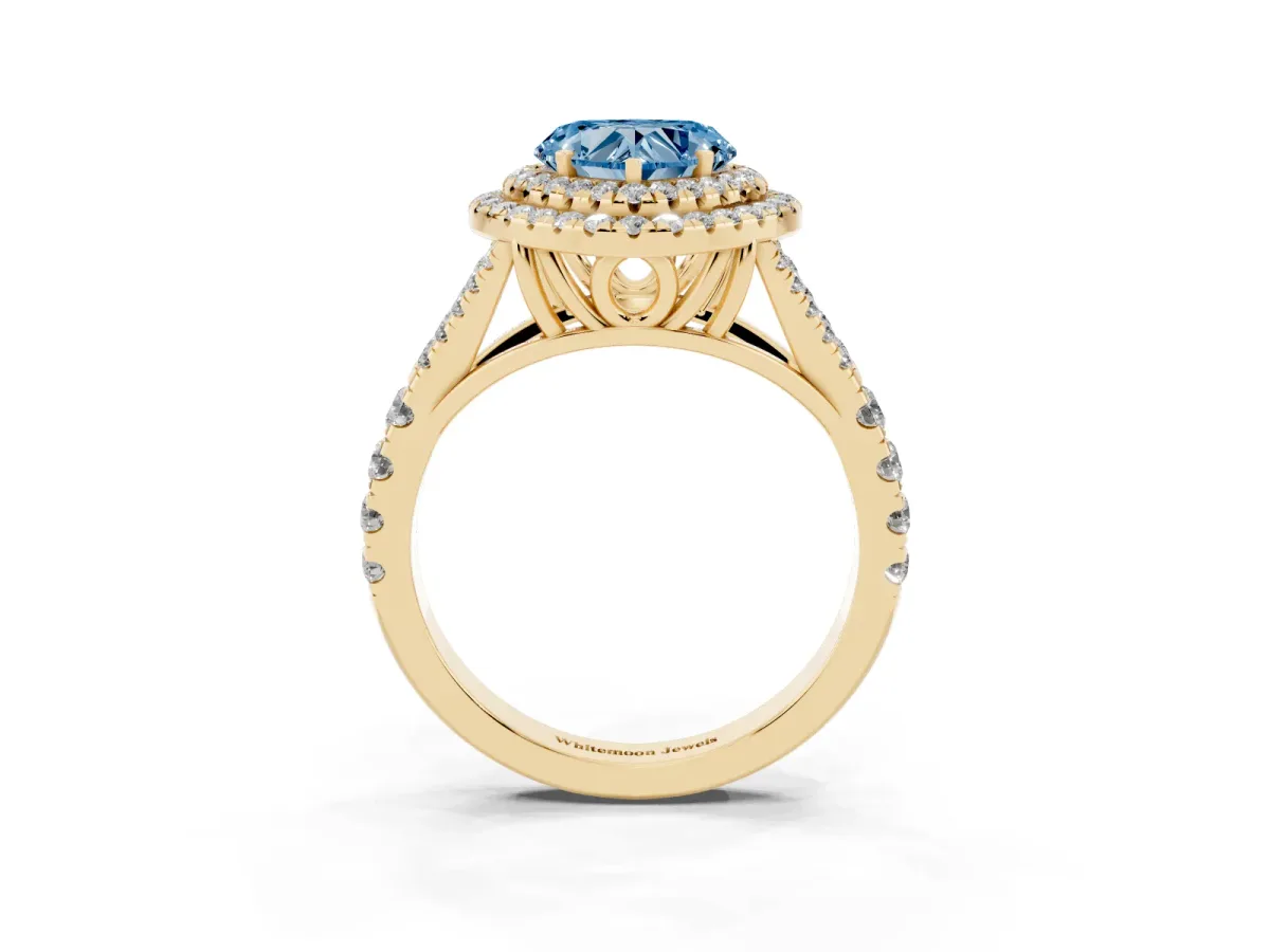 Fancy Blue Double Halo Heart Cut Diamond Split Shank Engagement Ring with Four-Prong Setting Yellow gold
