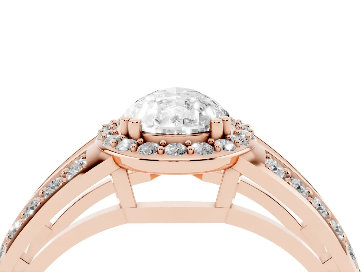 Pear Cut Diamond Halo Ring with Split Shank Pavé Band and Four-Prong Setting Rose gold