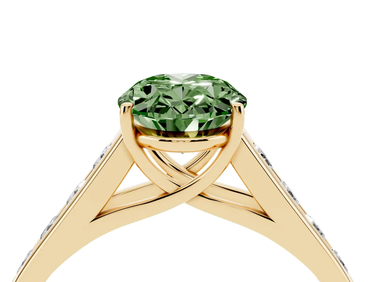 Fancy Green Oval Cut Solitaire Channel-Set Diamond Engagement Ring with Four-Prong Setting Yellow gold