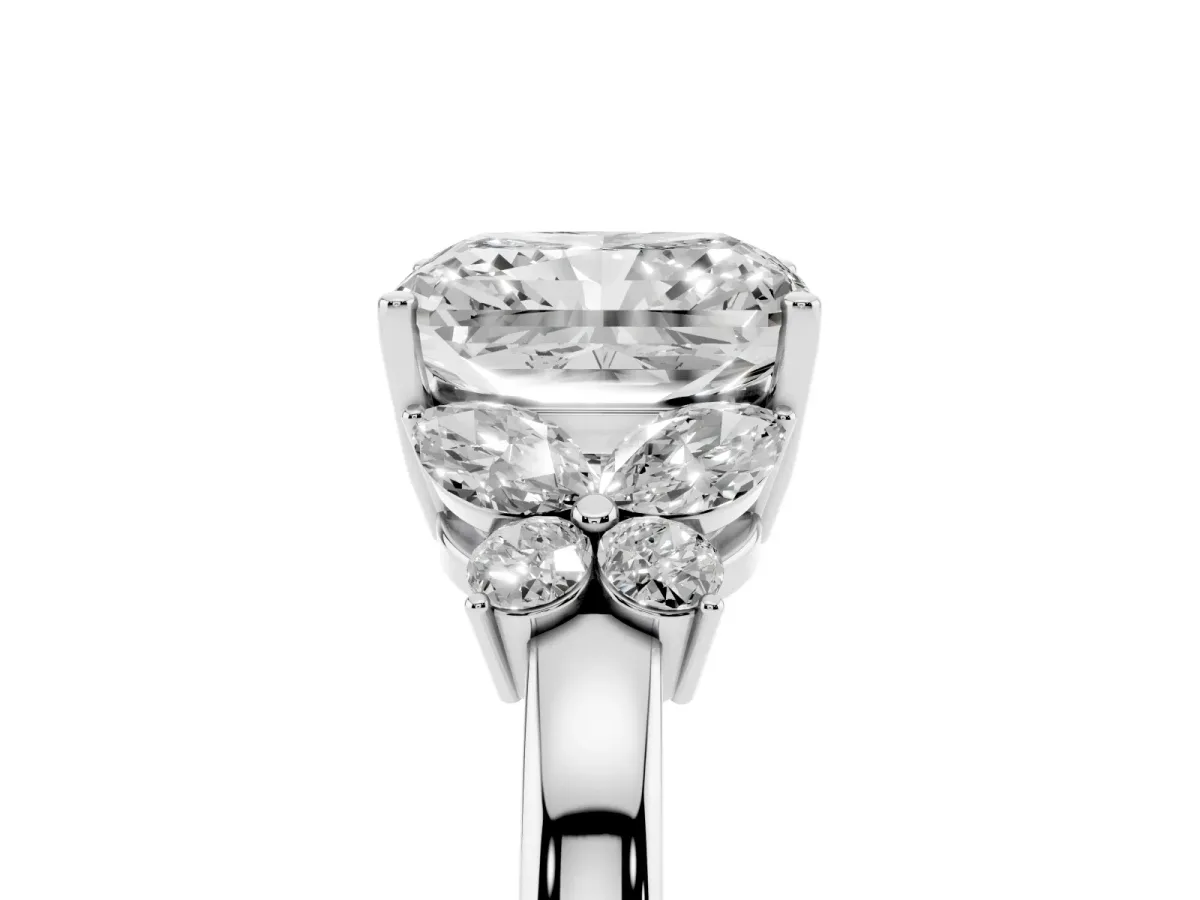 Radiant Cut Cut Solitaire Floral Diamond Ring with Four-Prong Setting Silver