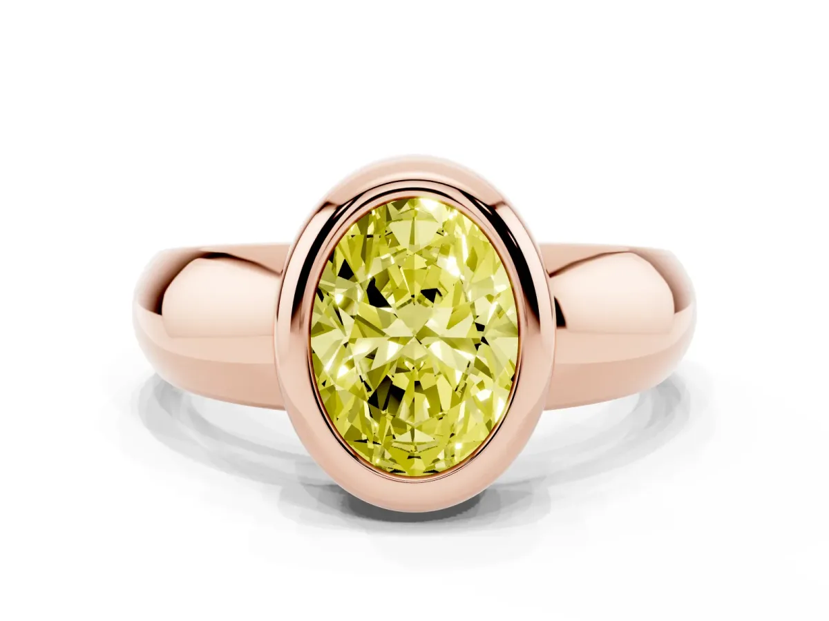 Fancy Yellow Bezel Set Oval Cut Solitaire Ring with Wide Band Rose gold