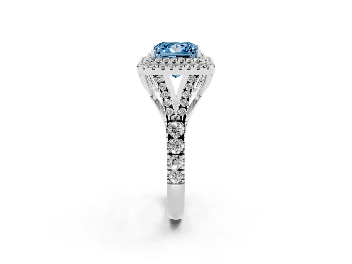 Fancy Blue Princess Cut Diamond Pavé Split Shank Double Halo Engagement Ring Platinum