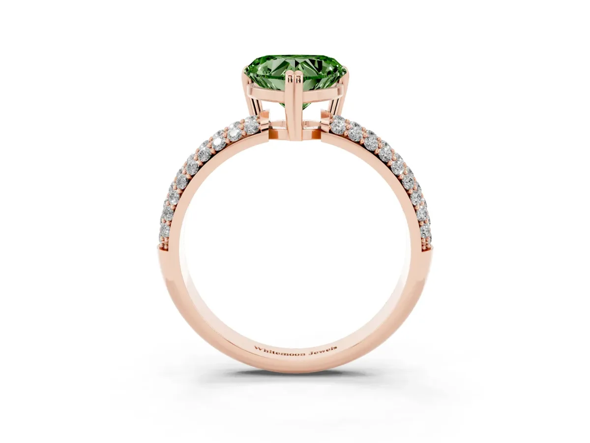 Fancy Green Heart Cut Diamond Solitaire Ring with Multi-Row Round Pavé Band and Prong Setting Rose gold
