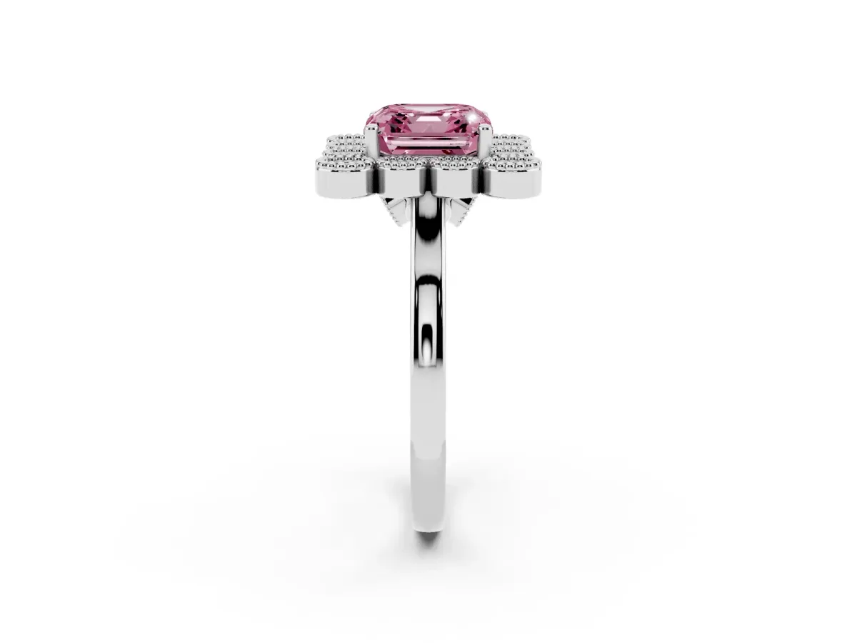 Fancy Pink Asscher Cut Halo Diamond Cluster Engagement Ring with Milgrain Bezel Setting and Solitaire Band Platinum